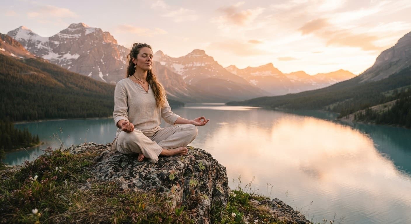 Gün batımında dağ gölüne bakan bir kayada meditasyon yapan kadın